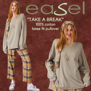 EASEL "Take A Break" Loose Fit Mineral Washed Long Sleeve Top Distressed Details